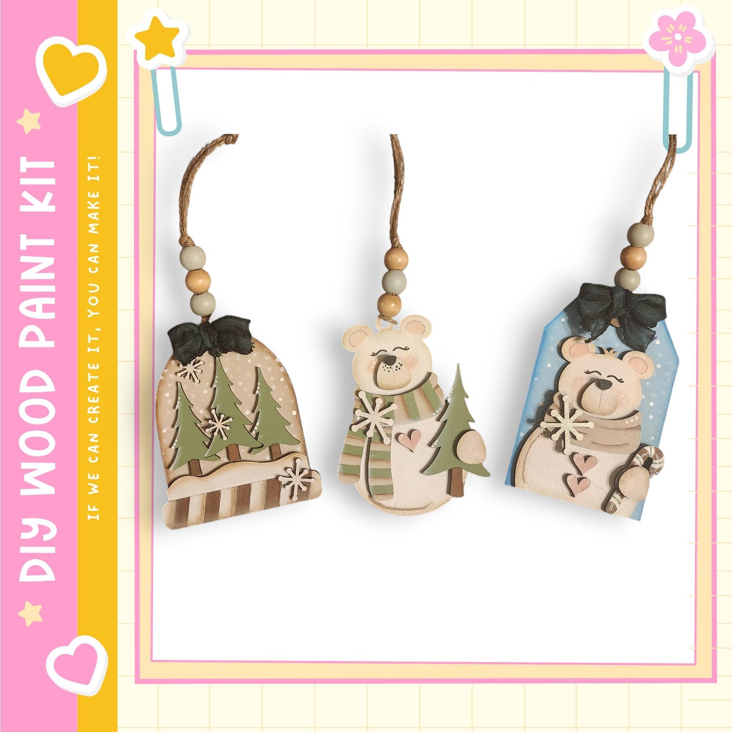 three wooden ornaments hanging on a wall, each with a unique design and color.