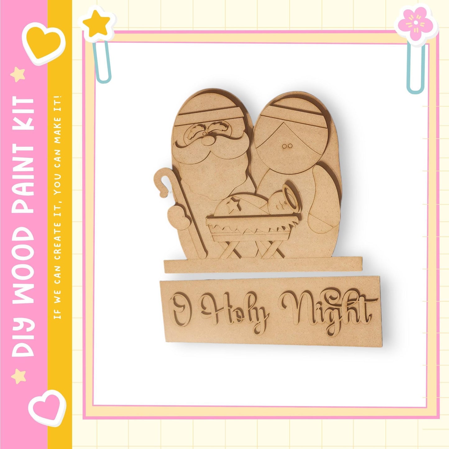 A wooden nativity scene depicting Santa Claus, Mary, and baby Jesus, with the phrase "Holly Night" written below.