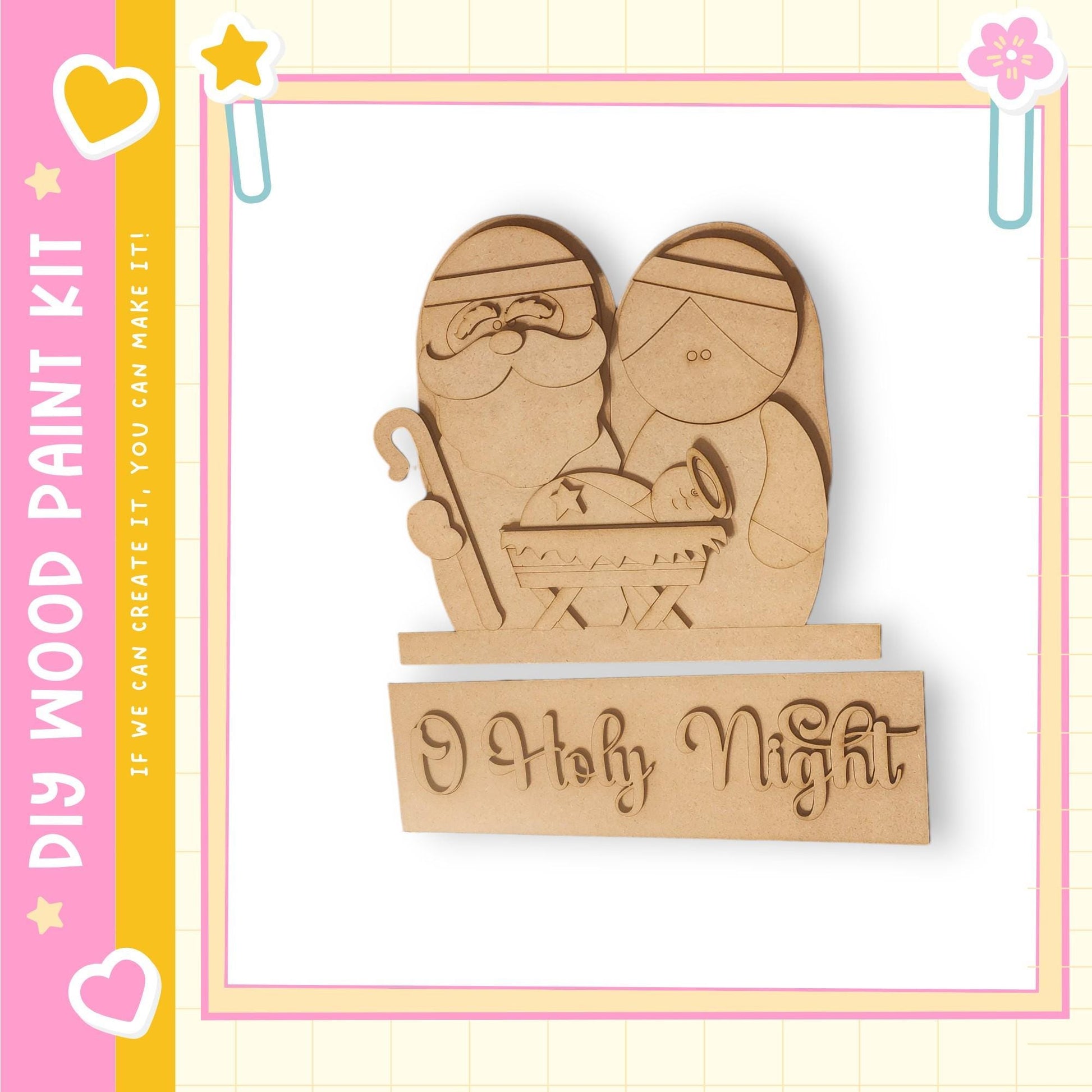 A wooden nativity scene depicting Santa Claus, Mary, and baby Jesus, with the phrase "Holly Night" written below.