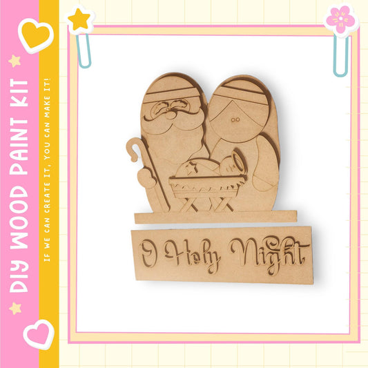 A wooden nativity scene depicting Santa Claus, Mary, and baby Jesus, with the phrase "Holly Night" written below.