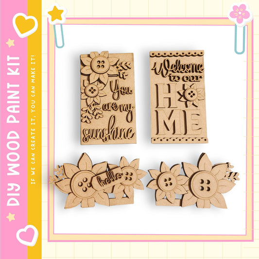 four wooden cutouts, each with a unique design and text, arranged on a white background.