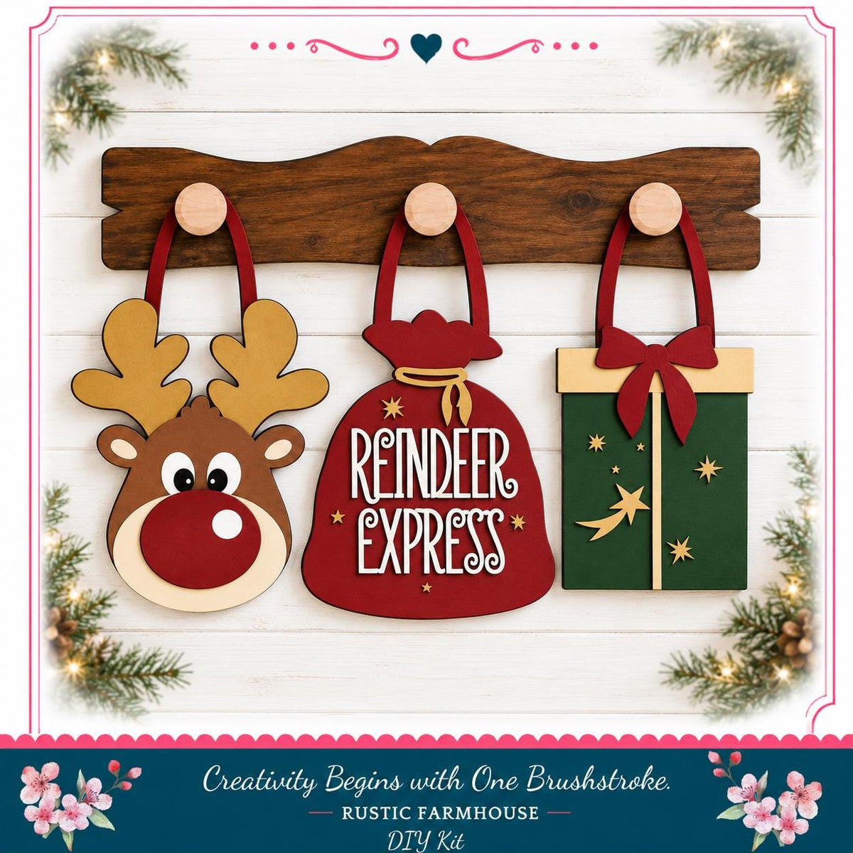 A festive arrangement of three wooden ornaments, including a reindeer, a gift bag, and a star, displayed on a wooden shelf against a white background with greenery and holiday decorations.