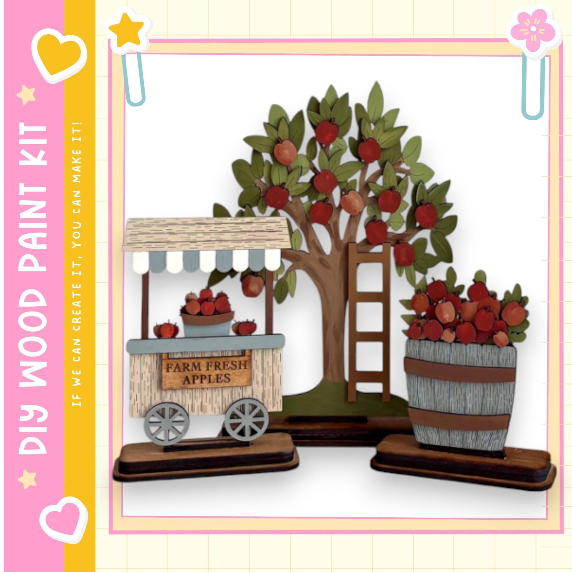 A wooden apple orchard with a tree and two wooden barrels filled with apples, set against a pink and yellow background.