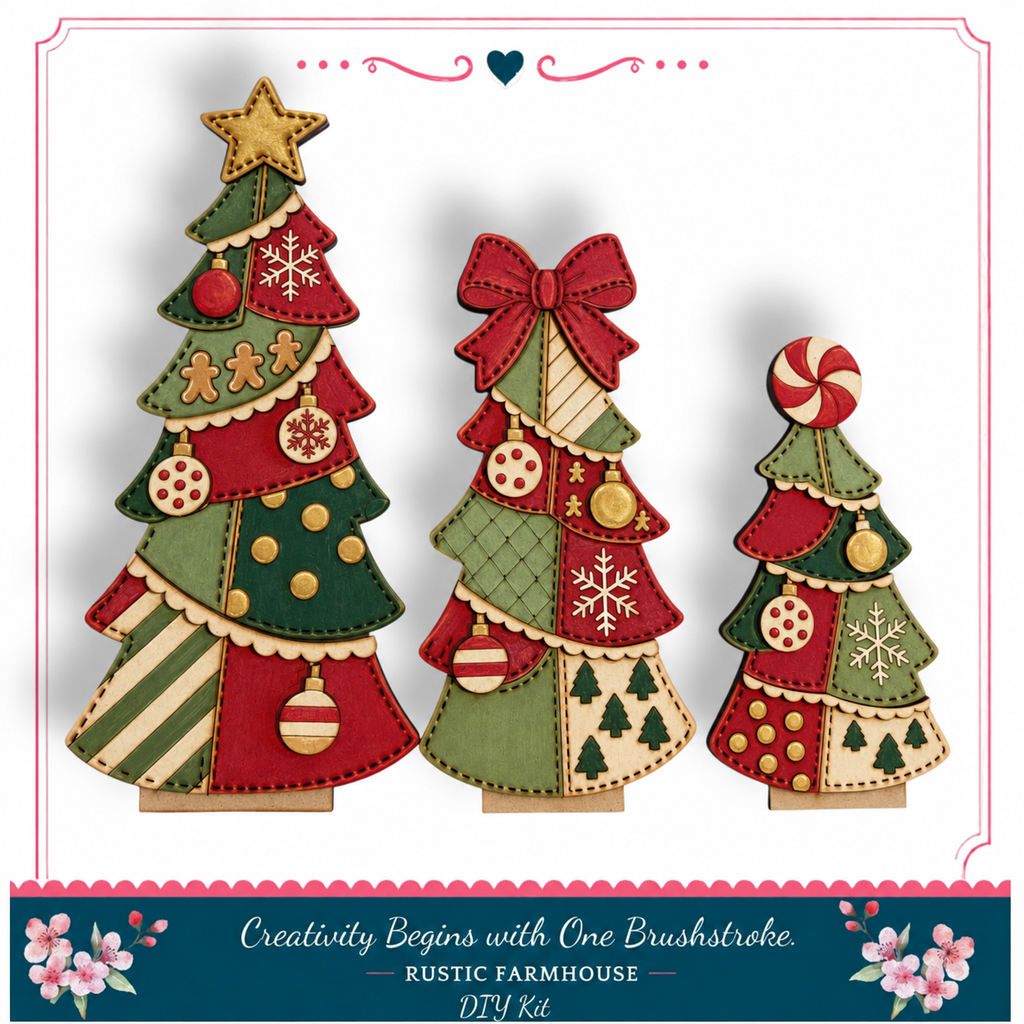 three Christmas tree decorations made of fabric, each with different colors and patterns, arranged in a row.
