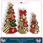 three Christmas tree decorations made of fabric, each with different colors and patterns, arranged in a row.