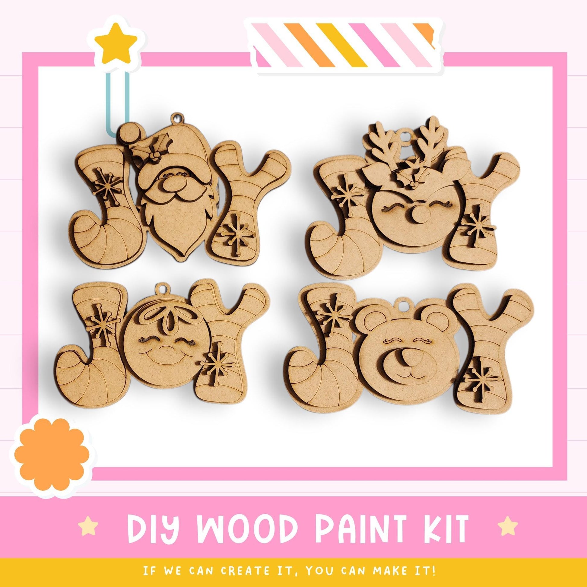 a DIY wood paint kit for creating ornaments, including a Santa Claus ornament, a reindeer ornament, a bear ornament, and a snowflake ornament.