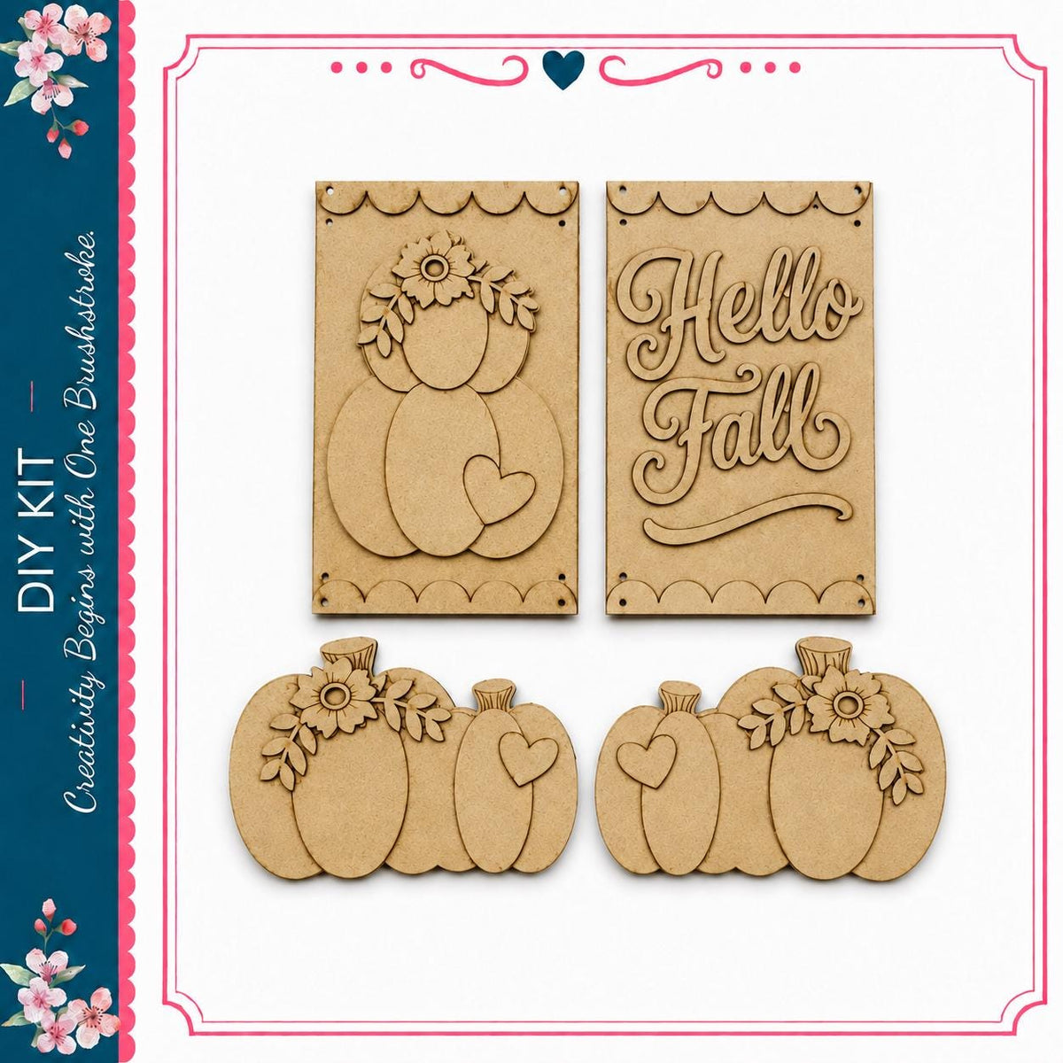 two wooden cutouts of pumpkins with floral decorations, and a sign that says "Hello Fall".