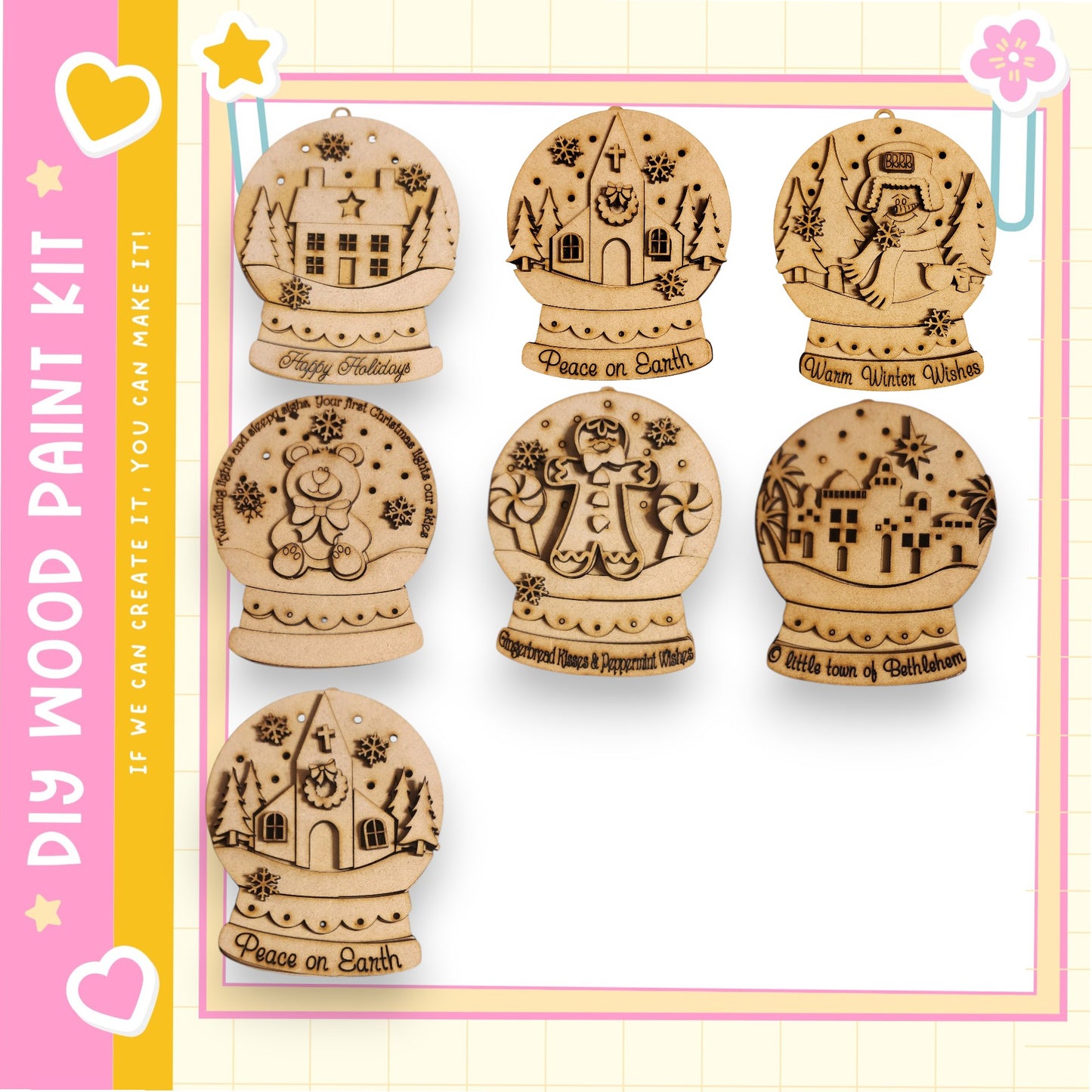 a collection of six wooden snow globe ornaments, each with unique designs and text. The snow globes are arranged in a grid-like pattern, creating a visually appealing display.