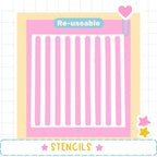 The image is a pink and white striped background with a heart-shaped sticker on the top right corner. The word "Re-useable" is displayed above the background, and the word "STENCILS" is written at the bottom of the image.