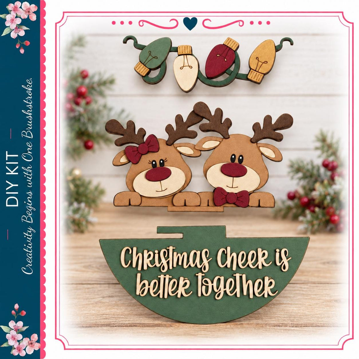 a festive scene with two wooden reindeer and a green sign that reads "Christmas Cheek is better together". The reindeer are sitting on a wooden surface, and the sign is placed in front of them. The background includes holiday decorations such as lights and berries, creating a cheerful and holiday-themed atmosphere.