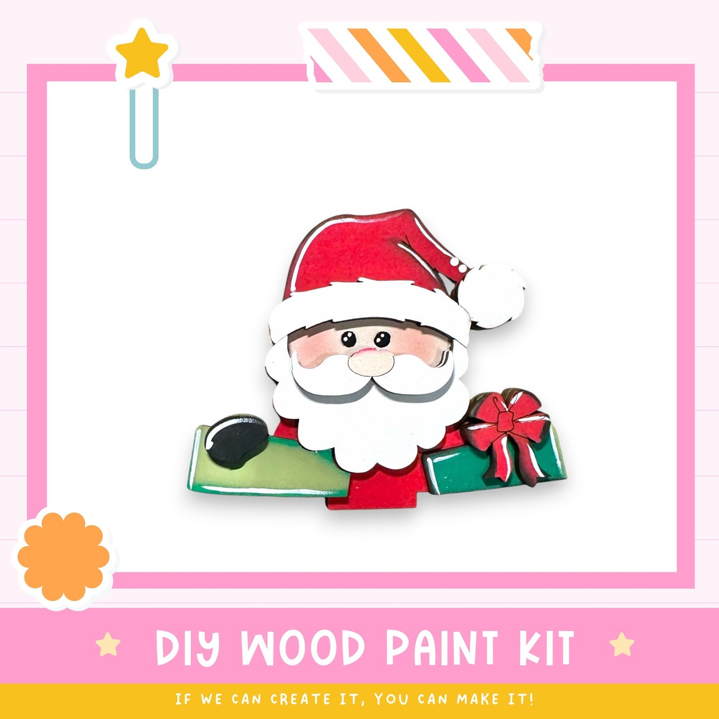 a DIY wood paint kit for creating a wooden Santa Claus figure.