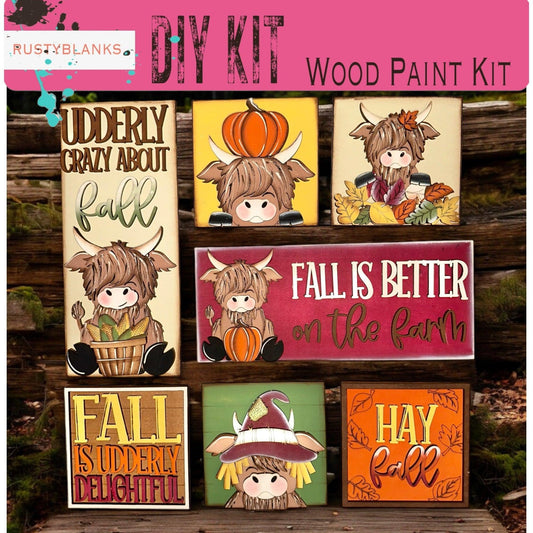 a group of wooden paintings of fall and autumn