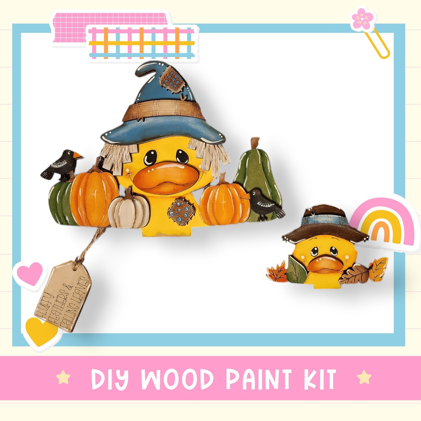 a DIY wood paint kit for creating a wooden character resembling a duck. The kit includes a wooden character with a hat, a pumpkin, and a bird. The kit is designed for painting and decorating wooden figures.