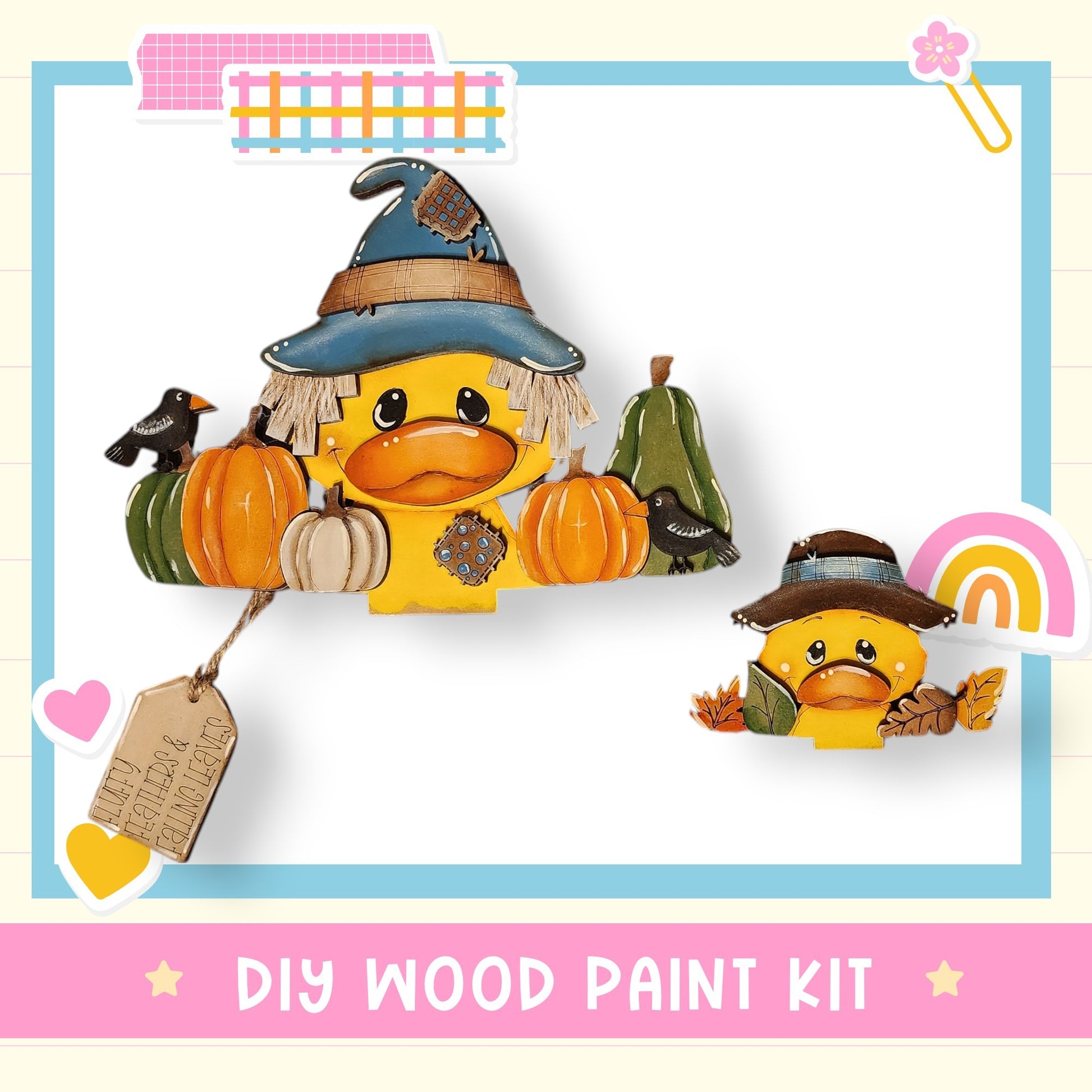 a DIY wood paint kit for creating a wooden character resembling a duck. The kit includes a wooden character with a hat, a pumpkin, and a bird. The kit is designed for painting and decorating wooden figures.