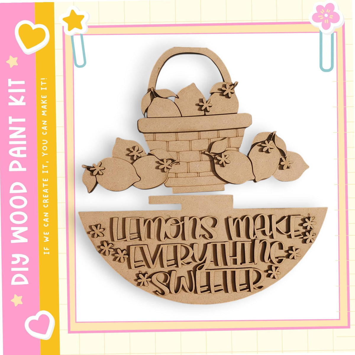 A wooden sign with the text "Lemons make everything sweeter" carved into it, surrounded by a basket of lemons.
