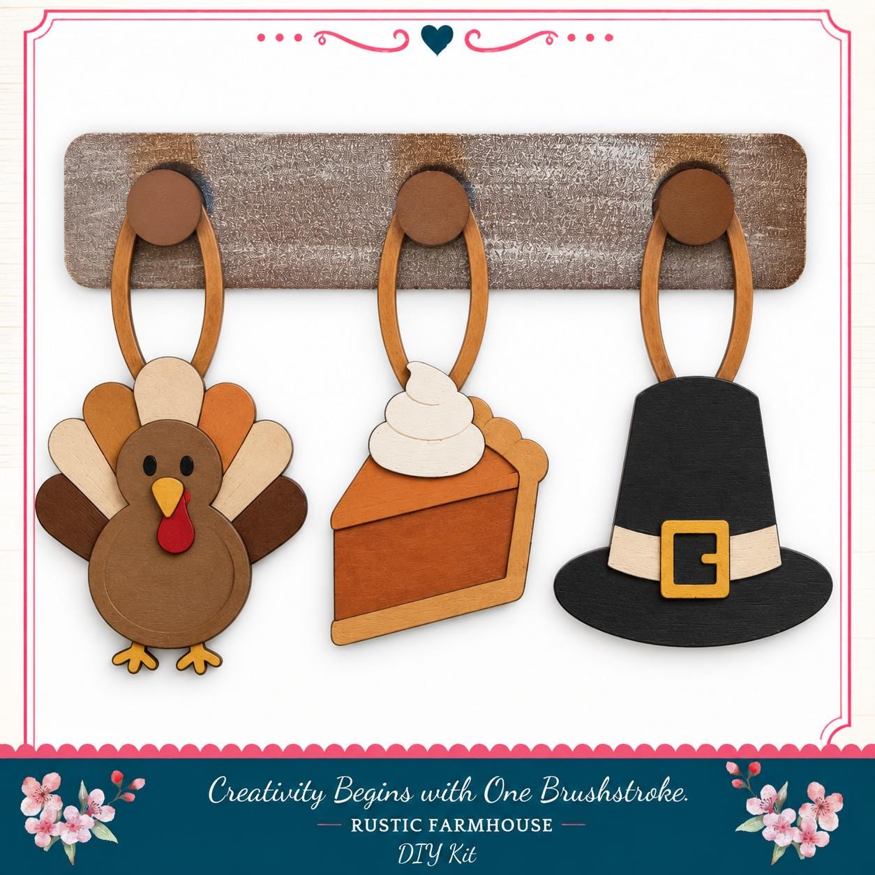 a rustic farmhouse-style DIY kit for creativity, including a turkey, a slice of pumpkin pie, and a black witch's hat.