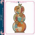 A colorful, decorative pumpkin-shaped object with various patterns and designs, including flowers, leaves, and geometric shapes.