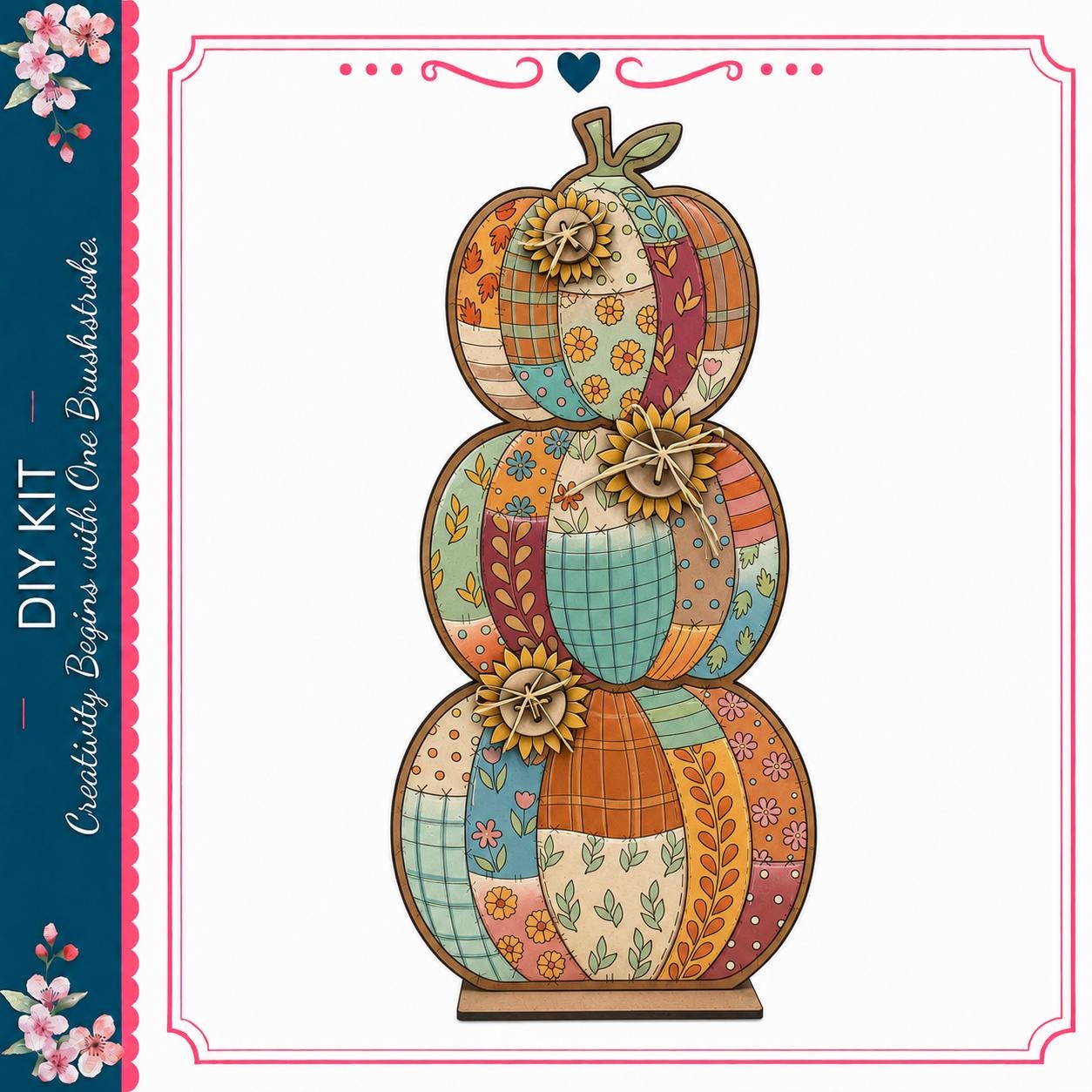 A colorful, decorative pumpkin-shaped object with various patterns and designs, including flowers, leaves, and geometric shapes.