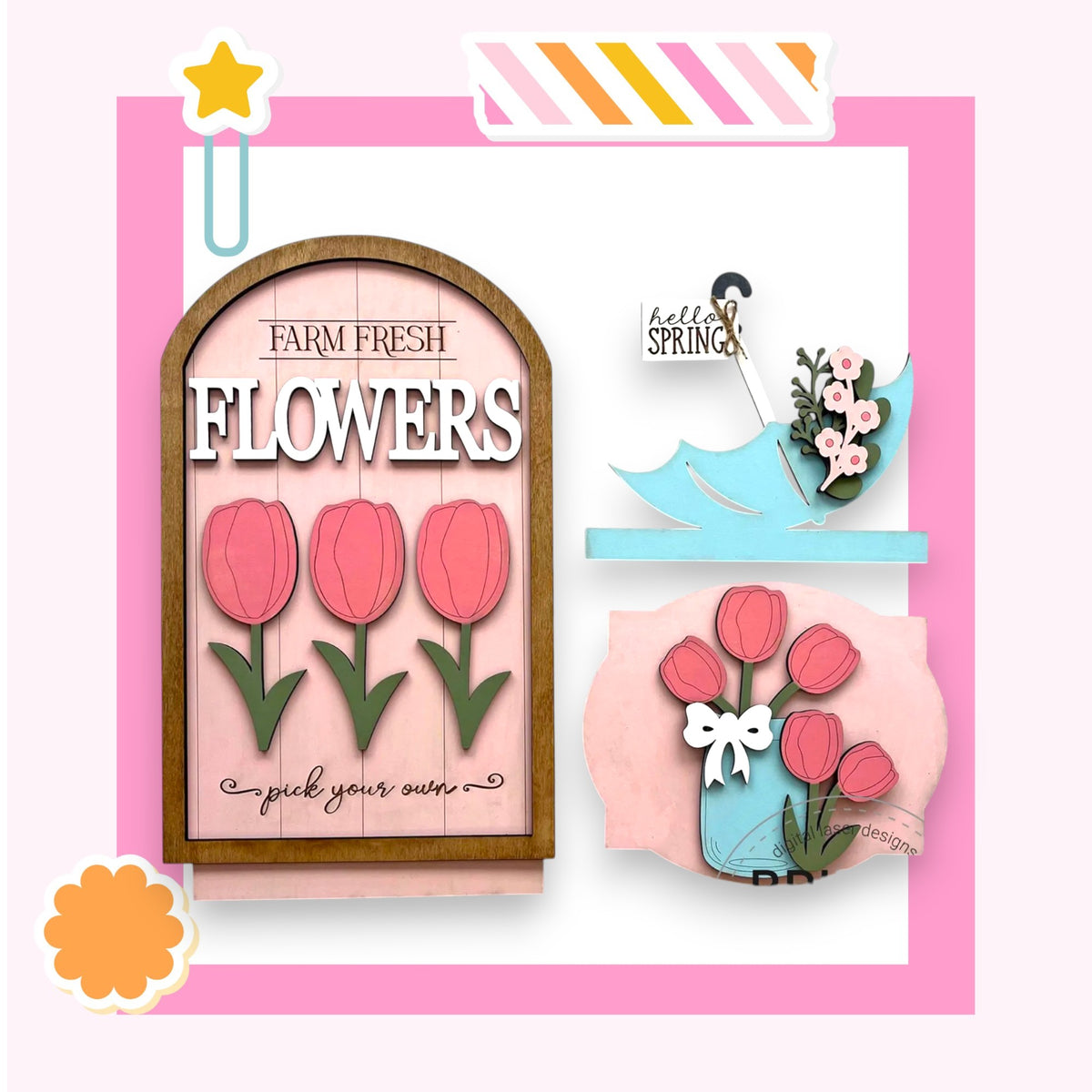 The image is a collage featuring various floral and decorative elements, including a sign for "Farm Fresh Flowers" and a vase with pink flowers.
