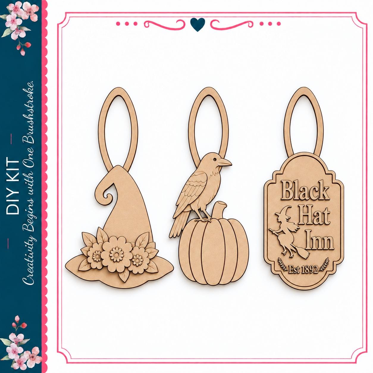 three wooden tags or charms, each with a different design and color. The tags are arranged in a row, with the first one being a witch's hat, the second one being a bird, and the third one being a pumpkin.