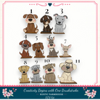A collage of various cartoon dog illustrations, each with a unique pose and expression, arranged in a grid-like pattern.