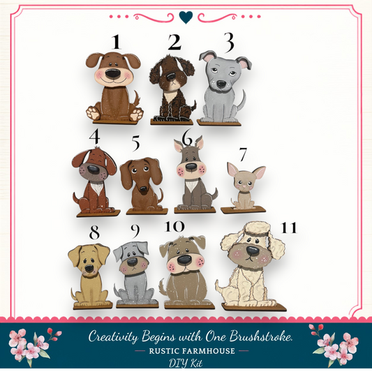 A collage of various cartoon dog illustrations, each with a unique pose and expression, arranged in a grid-like pattern.