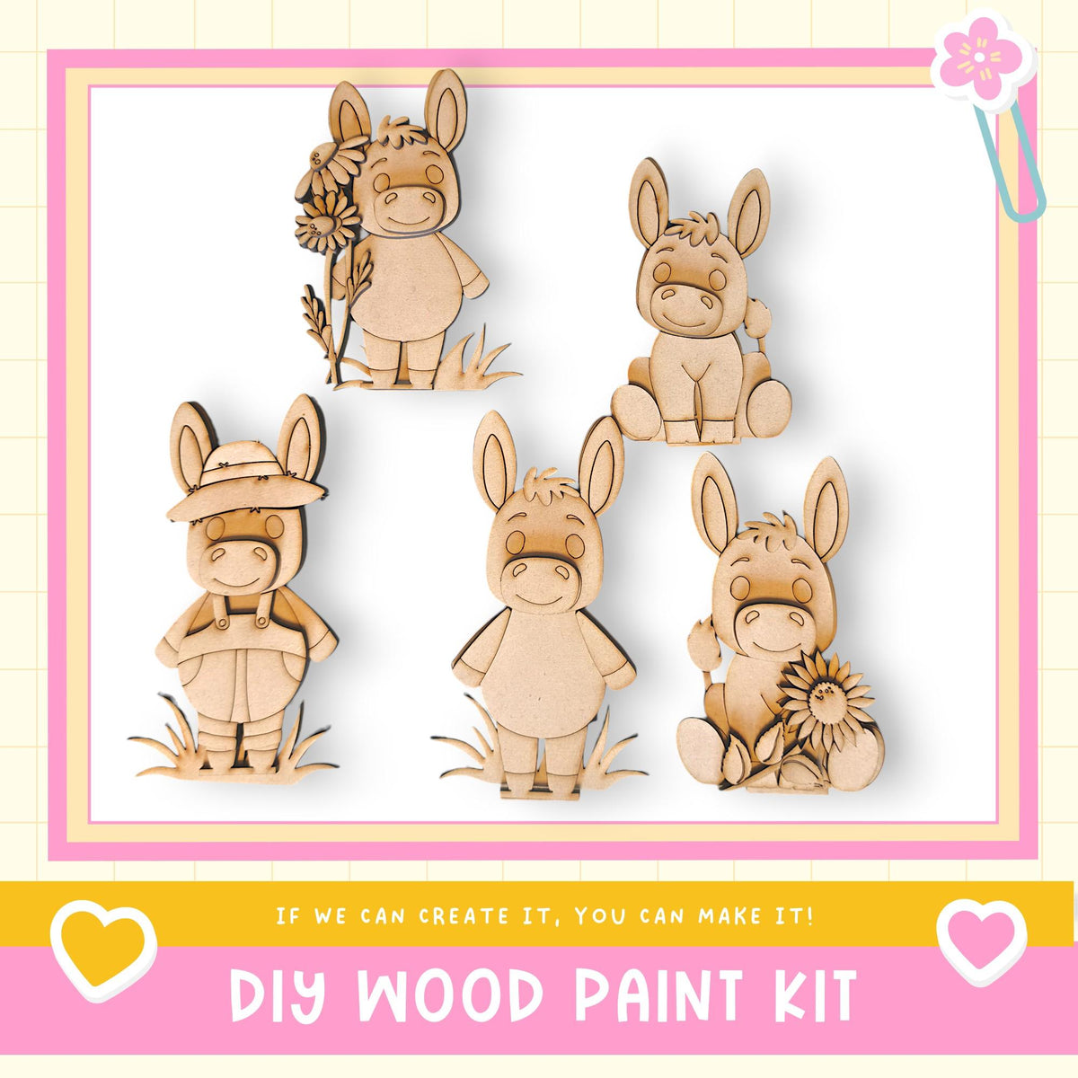a DIY wood paint kit with five wooden animal figurines, including a donkey, a rabbit, and a bird, each holding a flower. The kit appears to be designed for children to create their own wooden animal characters.
