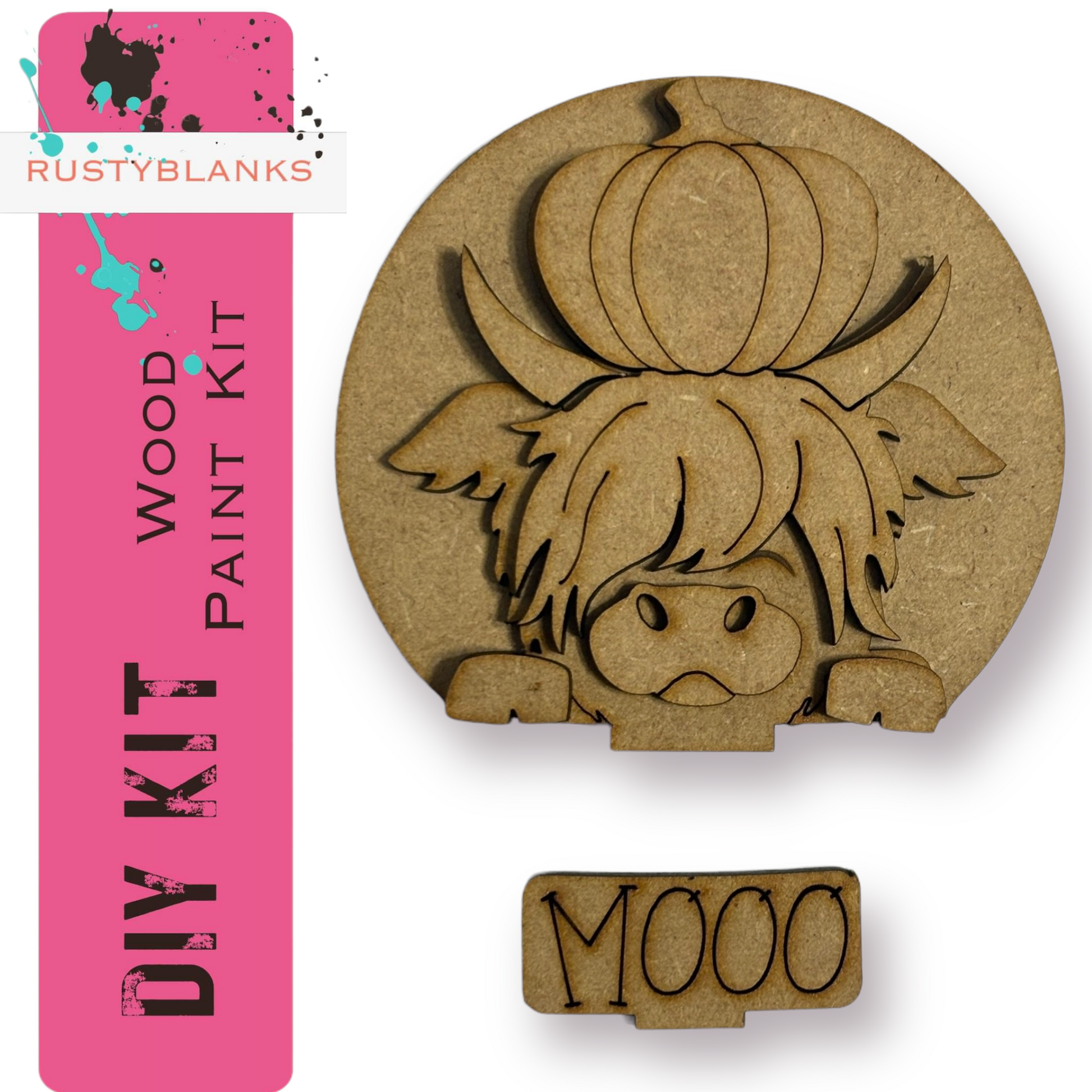 a wooden paint kit and a wooden cutout of a cow's head with a pumpkin on top.