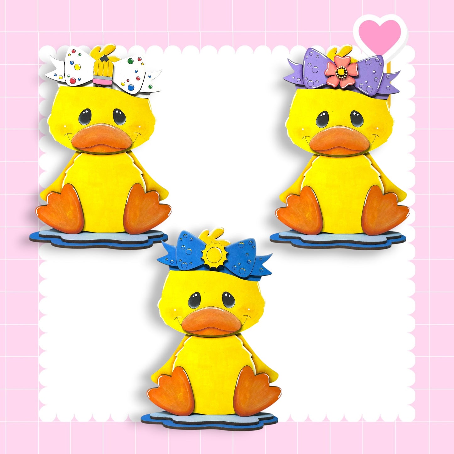 A collage of three yellow duck figures wearing colorful hats, set against a pink background with a scalloped edge.