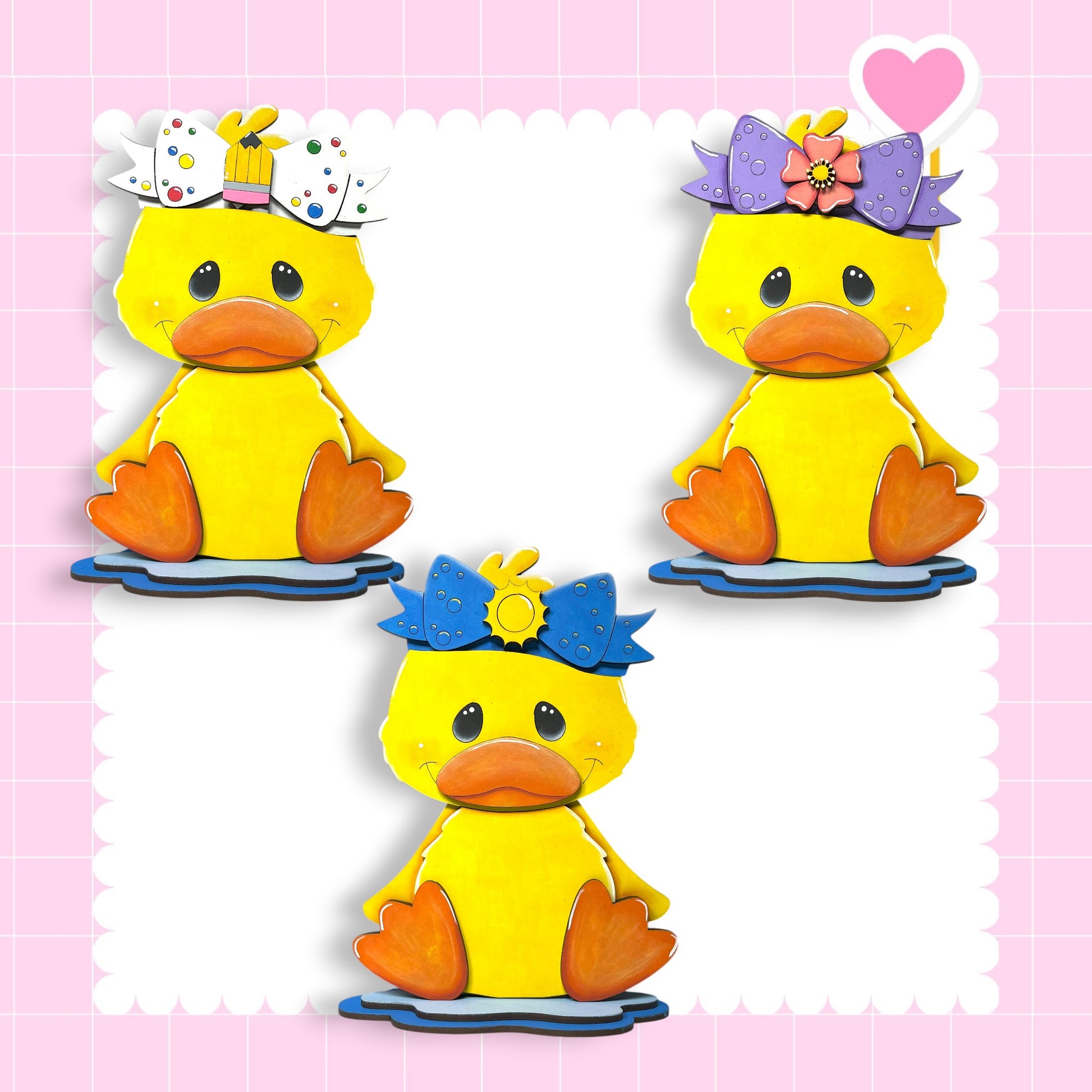 A collage of three yellow duck figures wearing colorful hats, set against a pink background with a scalloped edge.