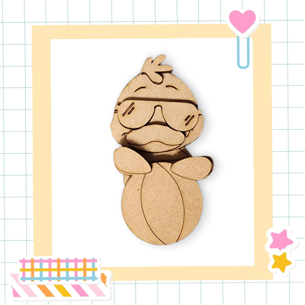 a wooden cutout of a teddy bear wearing glasses