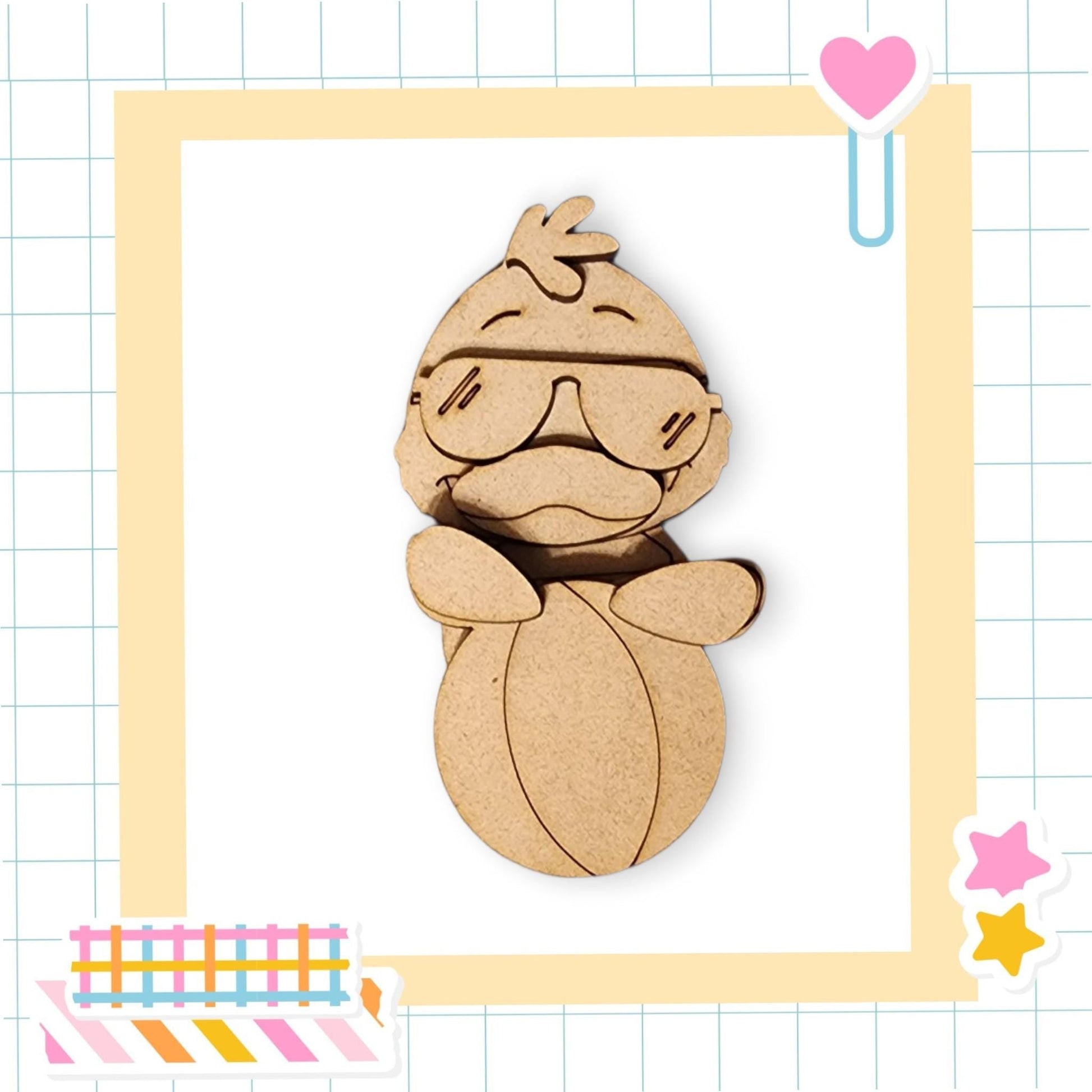 a wooden cutout of a teddy bear wearing glasses