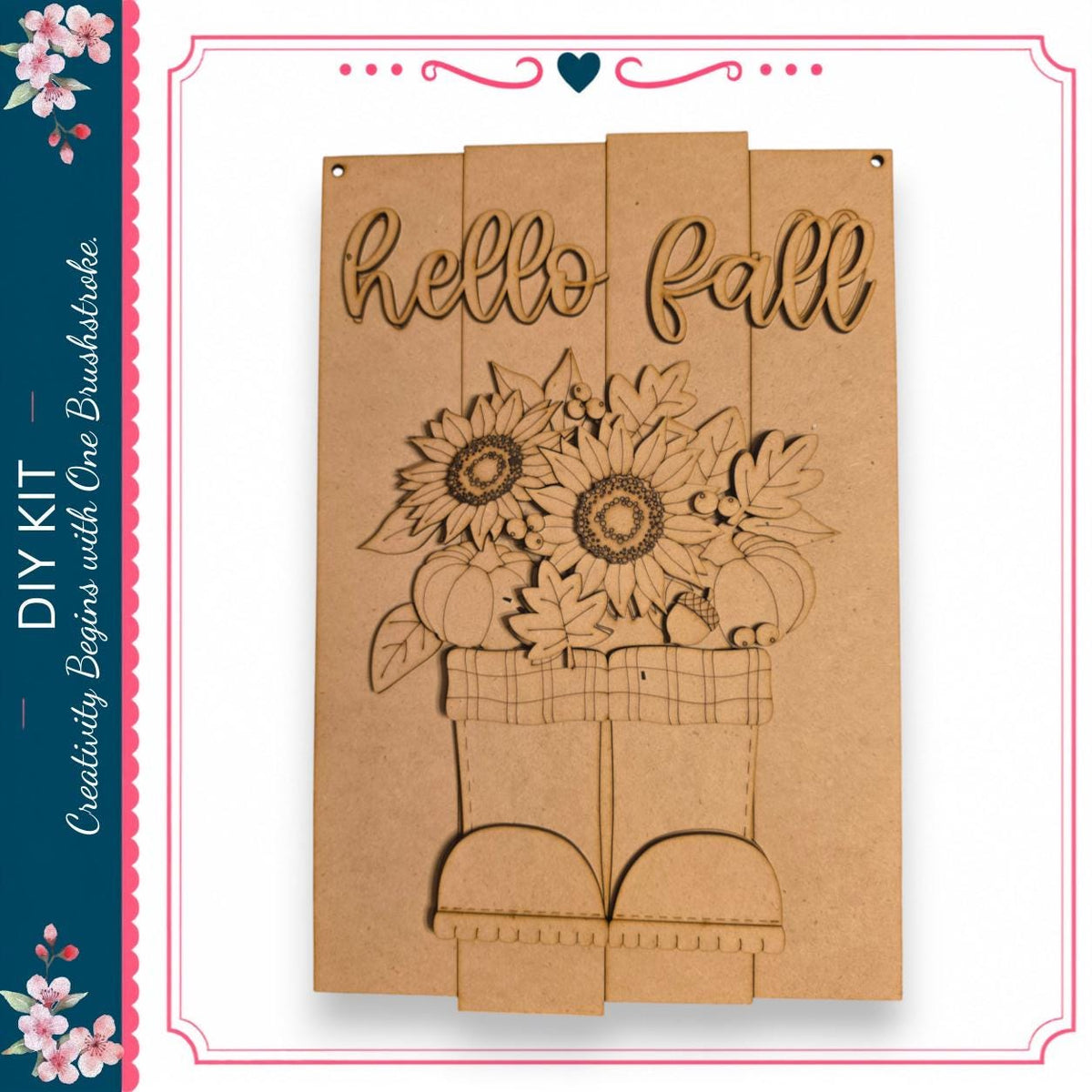The image is a wooden cutout with the text "Hello Fall" and a floral design, including sunflowers and pumpkins, attached to it.