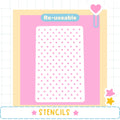 a pink background with a white polka dot pattern, and there is a heart-shaped object on the right side. The word "Re-useable" is displayed above the polka dots, and the word "STENCILS" is written at the bottom of the image.
