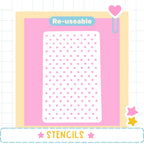 a pink background with a white polka dot pattern, and there is a heart-shaped object on the right side. The word "Re-useable" is displayed above the polka dots, and the word "STENCILS" is written at the bottom of the image.