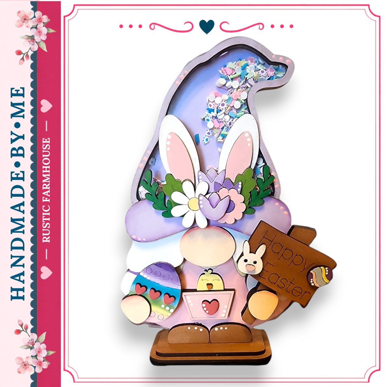 A hand-made Easter decoration featuring a whimsical gnome figure with a purple hat adorned with flowers and a sign that reads "Happy Easter".