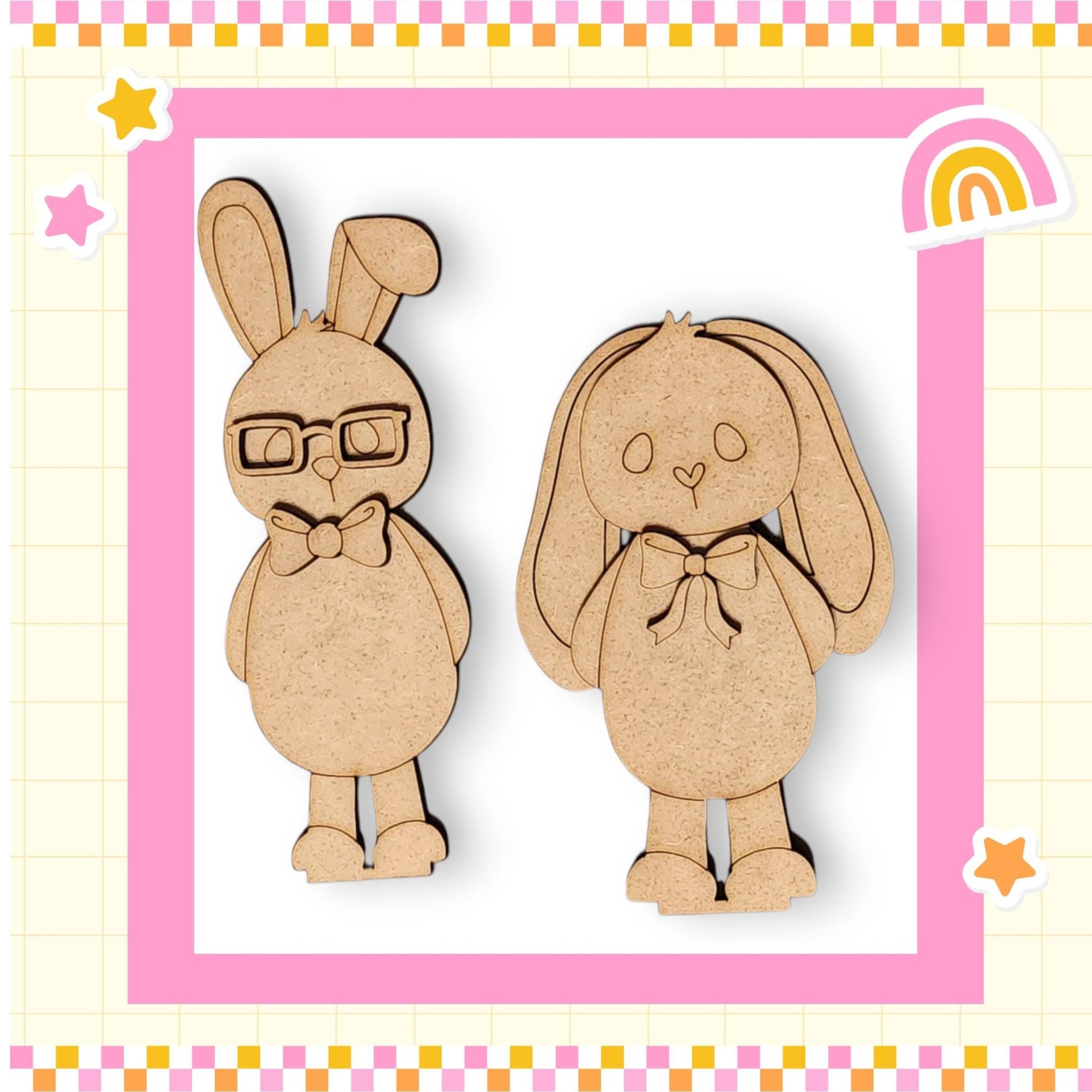 a wooden cutout of a bunny and a bunny with glasses