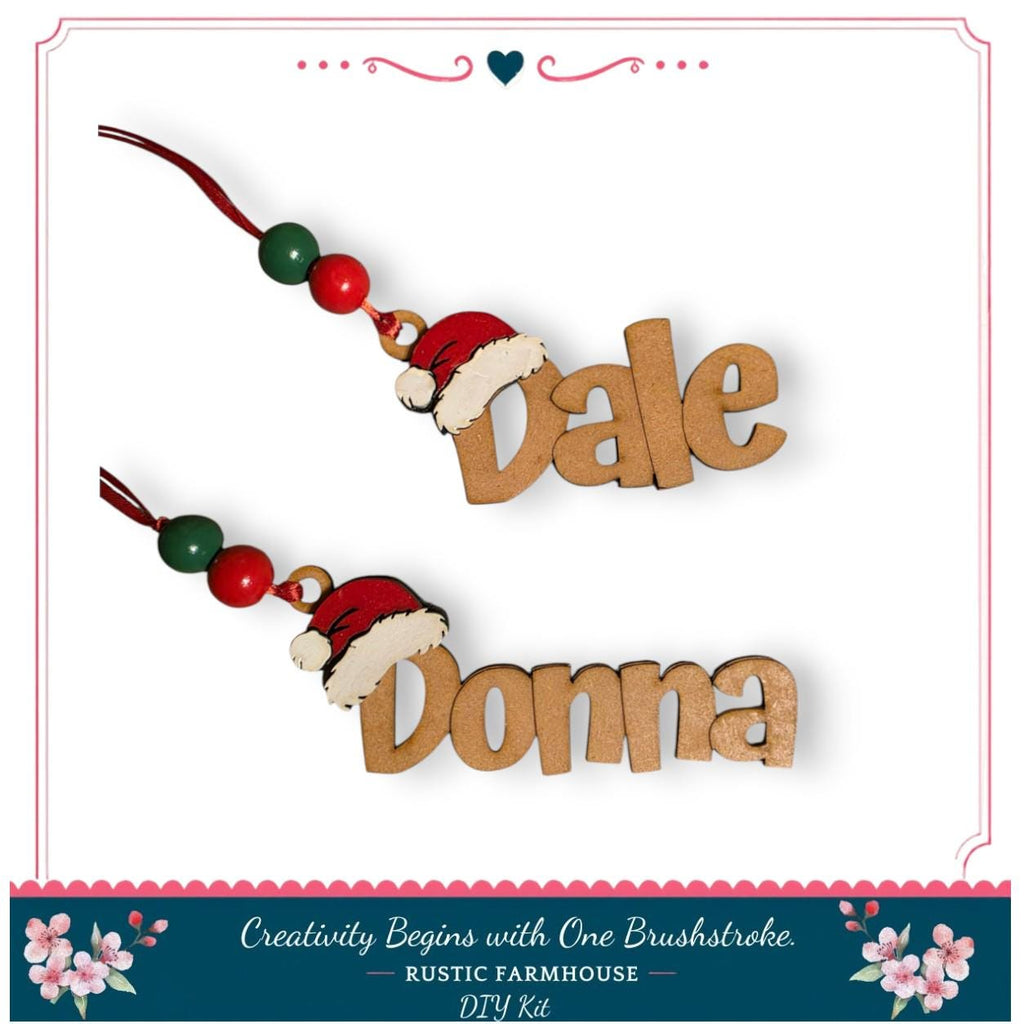 two wooden name tags with the names "Dale" and "Donna" carved into them, along with a Santa hat charm. The tags are displayed against a white background, and there is a decorative border around the image.