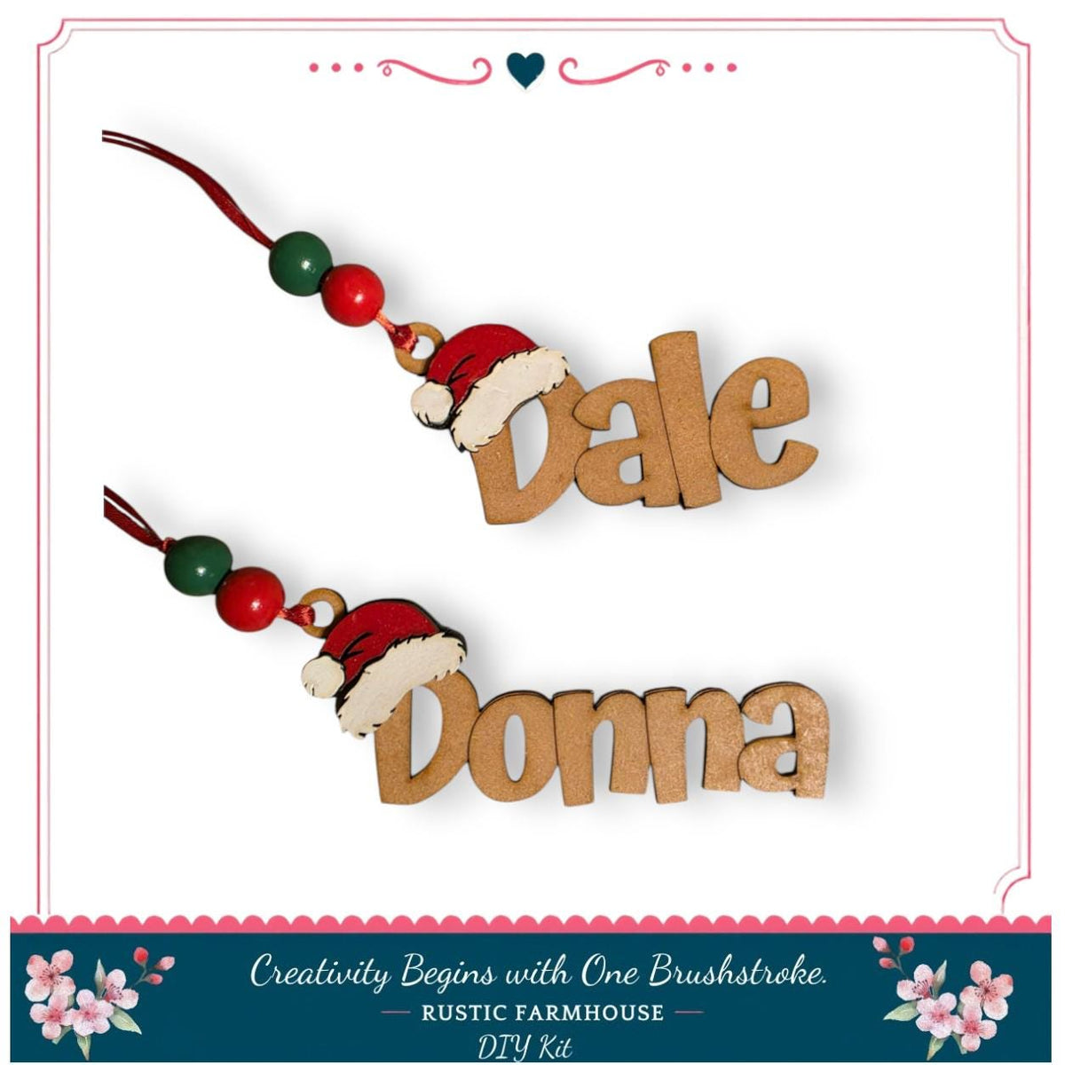 two wooden name tags with the names "Dale" and "Donna" carved into them, along with a Santa hat charm. The tags are displayed against a white background, and there is a decorative border around the image.