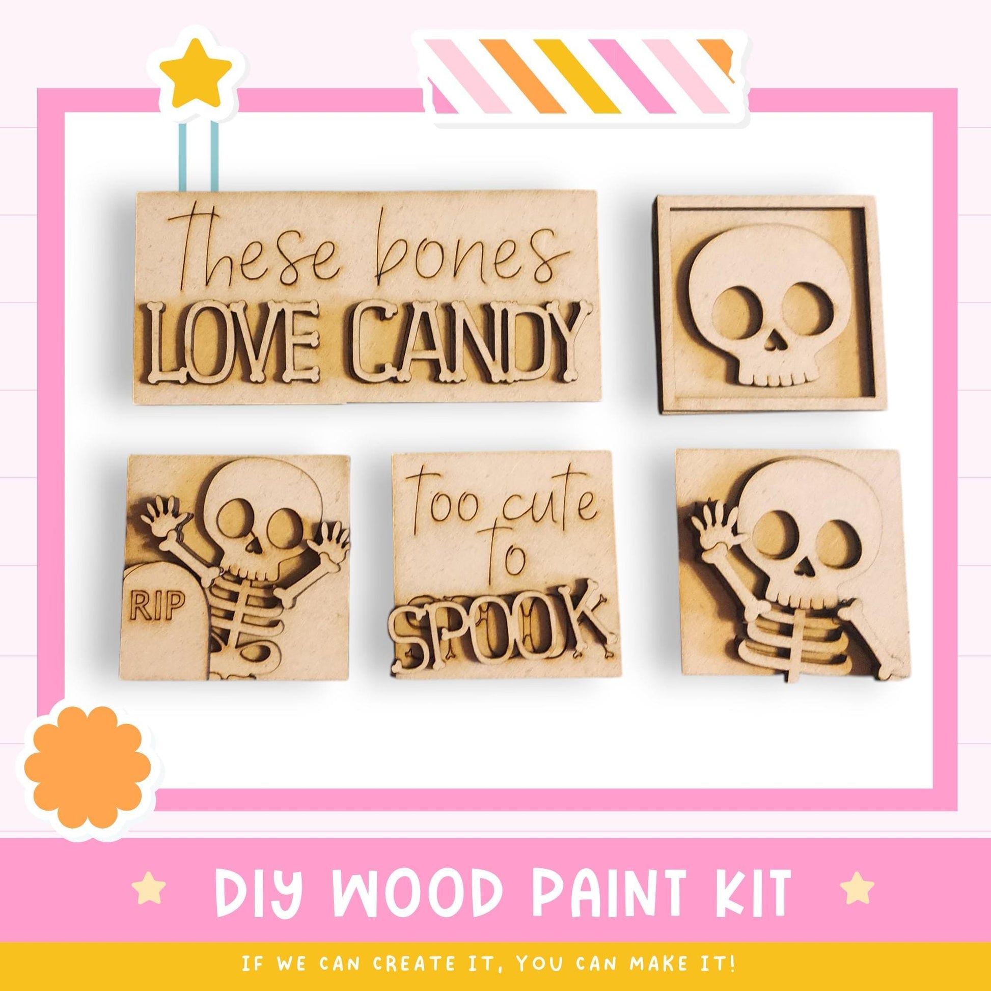 The image is a DIY wood paint kit featuring various wooden cutouts in the shape of bones, including a skeleton, a skull, and a bone. The kit appears to be designed for creating custom wooden decorations or art pieces.