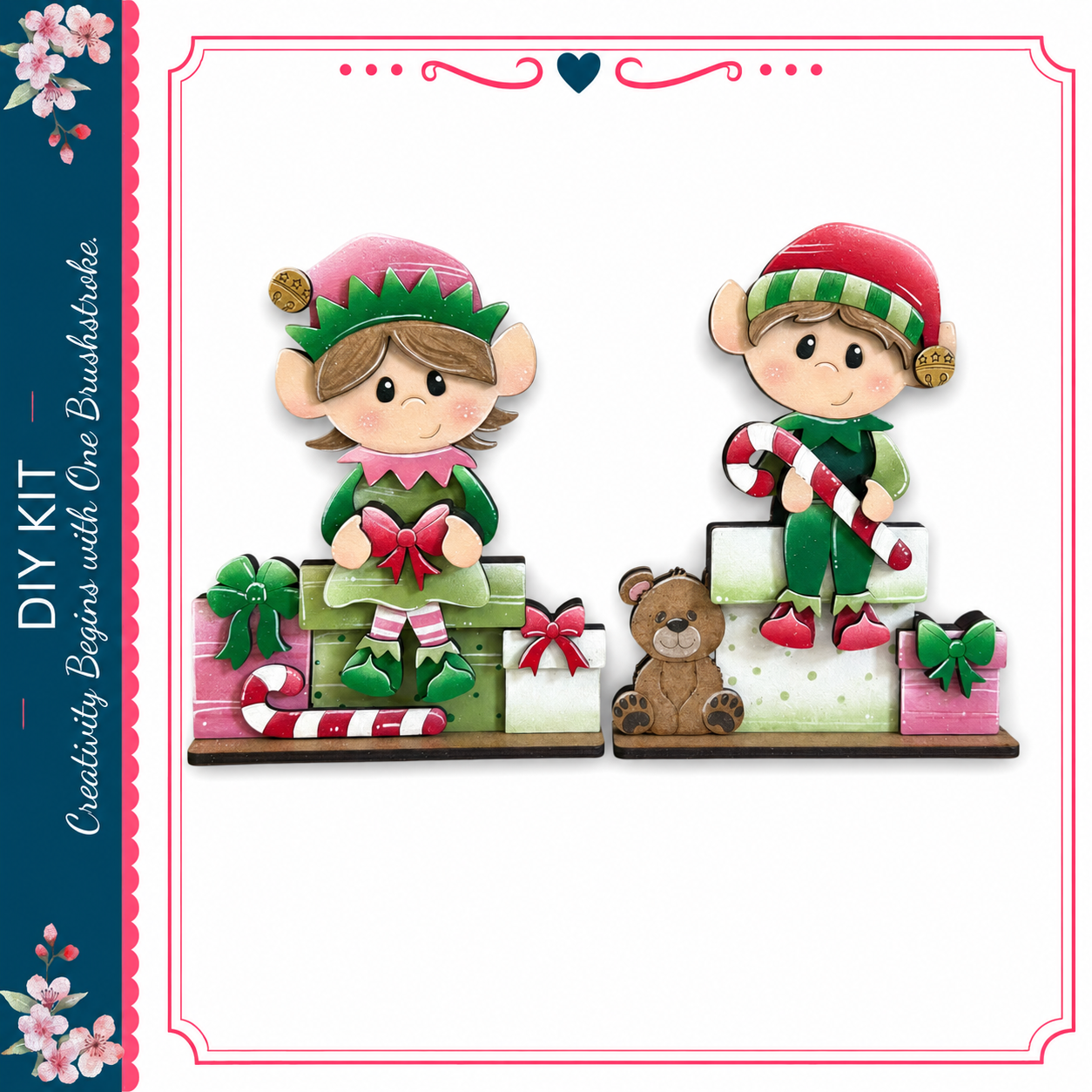 two cartoon-style elf characters, one standing and one sitting, holding candy canes and surrounded by holiday-themed decorations such as presents and a teddy bear.