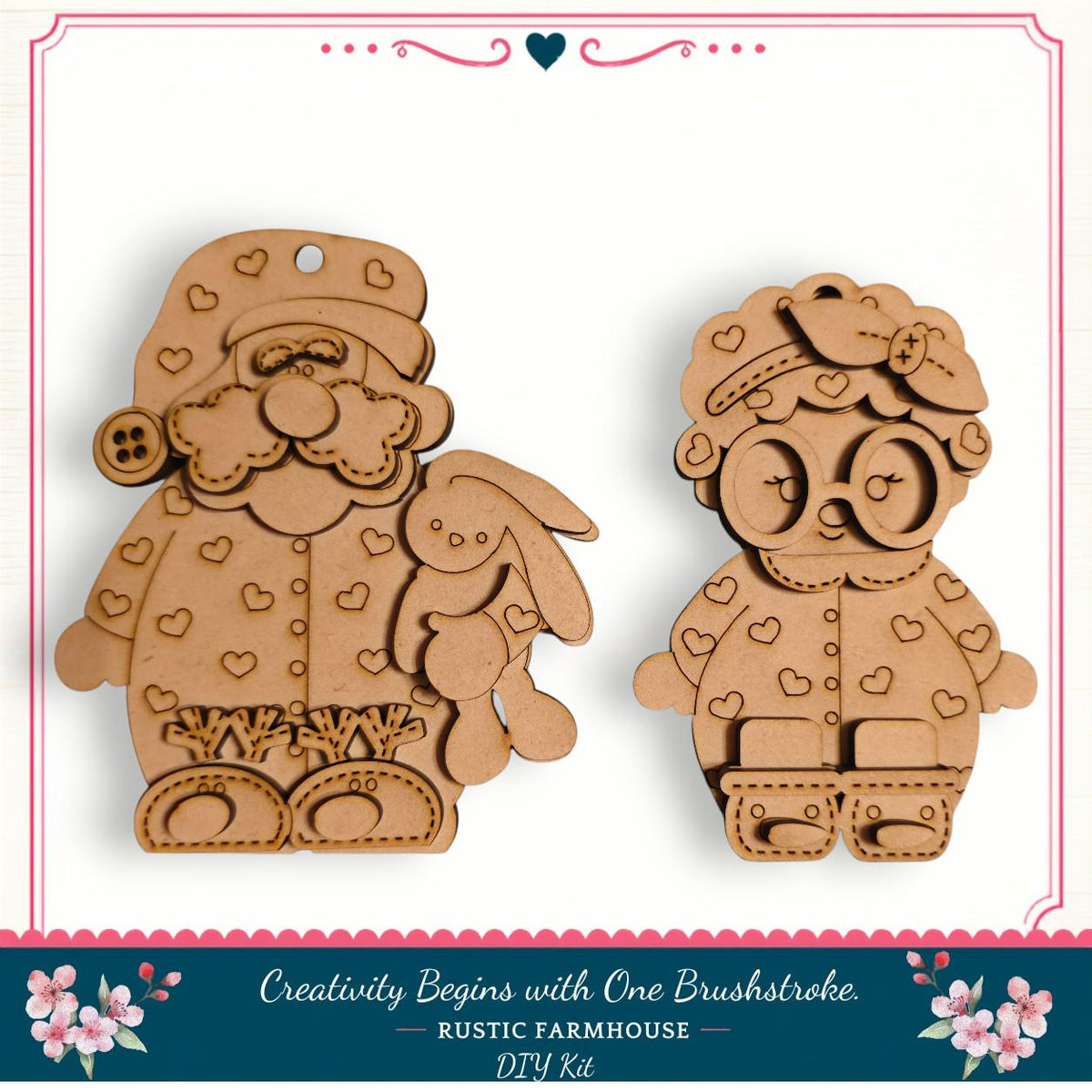 two wooden ornaments, one of a Santa Claus figure and the other of a little girl, both adorned with hearts. The text below the image reads "Creativity Begins with One Brushstroke. Rustic Farmhouse DIY Kit" and "DIY Kit".