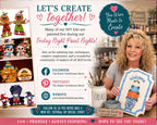 The image is a promotional poster for a crafting event called "Friday Night Paint Nights", featuring a smiling woman holding a sign with a pumpkin and other fall-themed decorations. The poster includes text and images related to the event, such as DIY kits, social media links, and a welcoming message.