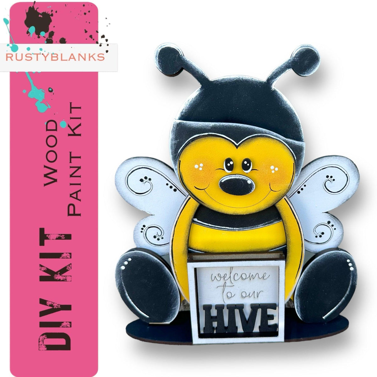 a picture of a yellow and black bee with a sign