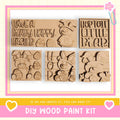 The image is a collage of five wooden Easter-themed shapes, including a bear, a bunny, and a bear.
