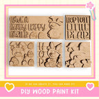The image is a collage of five wooden Easter-themed shapes, including a bear, a bunny, and a bear.