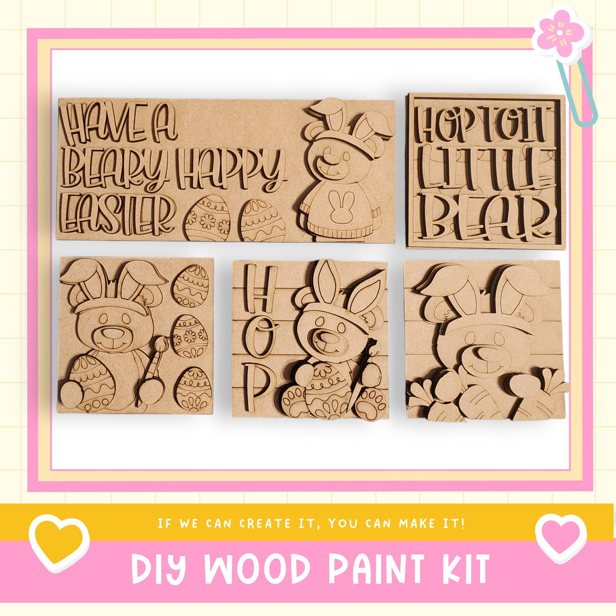 The image is a collage of five wooden Easter-themed shapes, including a bear, a bunny, and a bear.