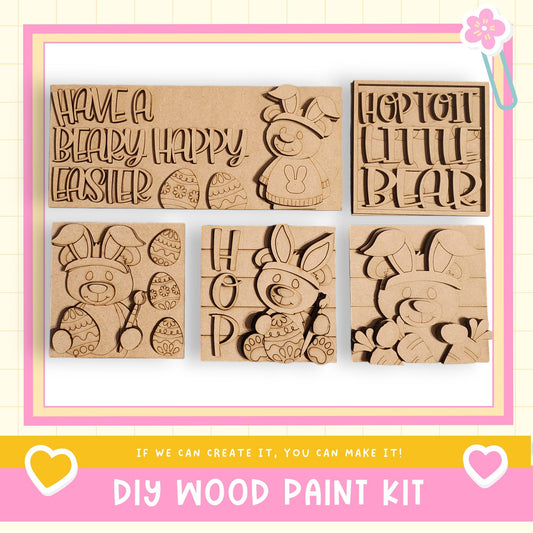 The image is a collage of five wooden Easter-themed shapes, including a bear, a bunny, and a bear.