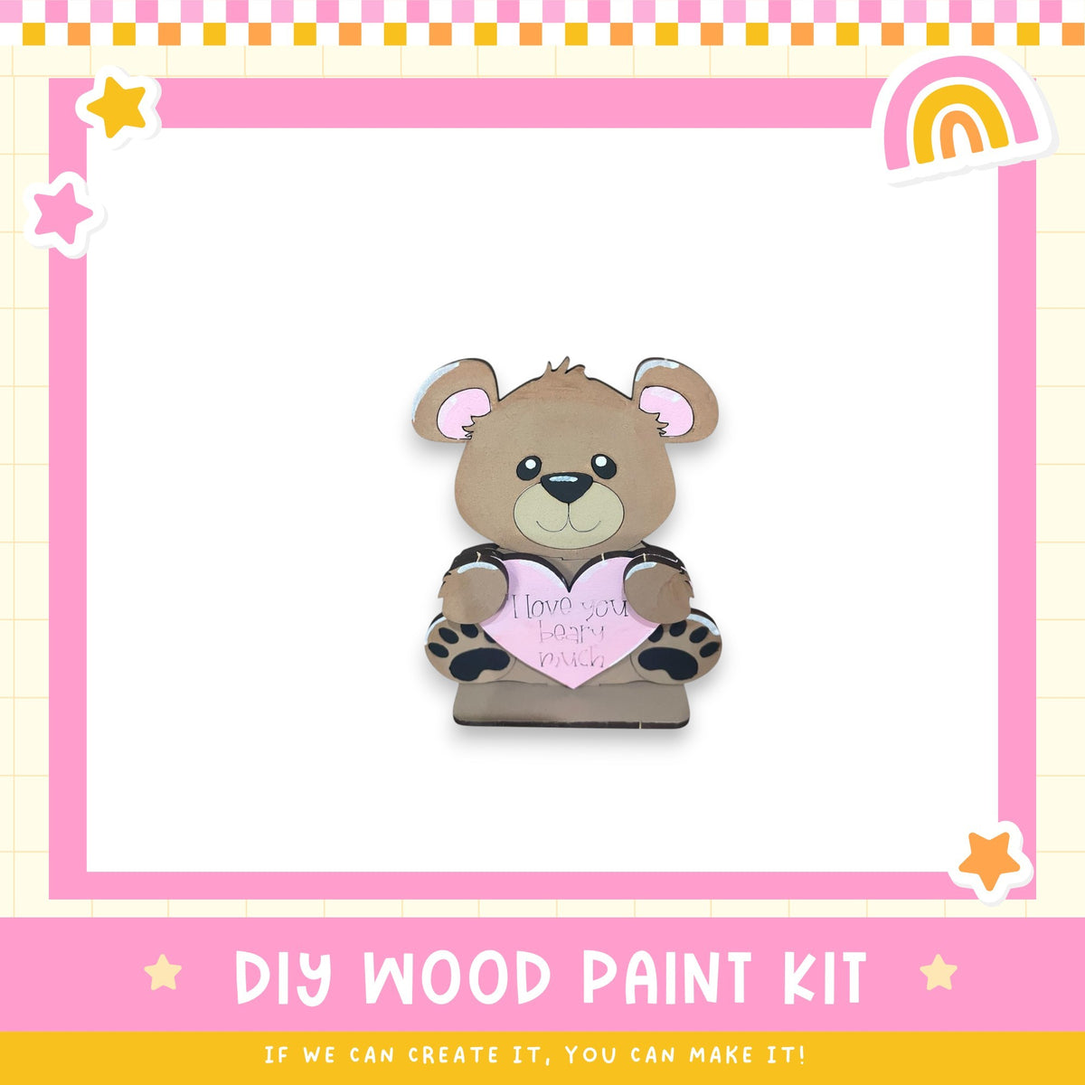 A wooden teddy bear holding a heart-shaped sign with the message "I love you" written on it.
