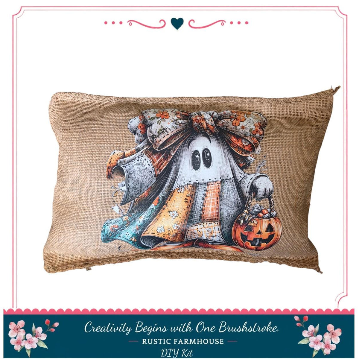 A pillow with a Halloween-themed design featuring a ghost, pumpkin, and bow.